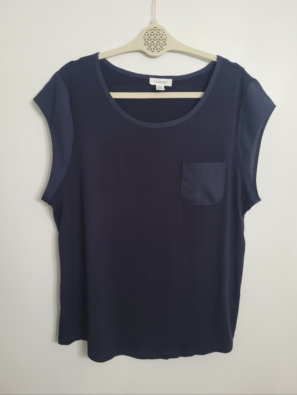 Calvin Klein Womens XL Regular Navy Solid Scoop Neck Short Sleeve Pocket Blouse